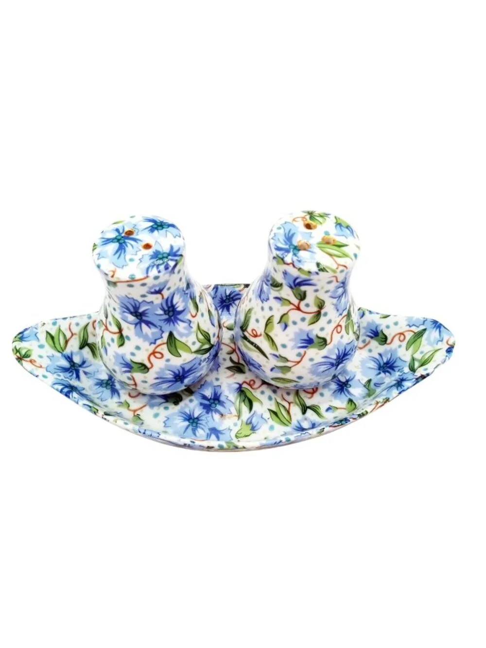 Ainsley Two's Company Salt Pepper Shakers Tray Blue Floral Ceramic Set